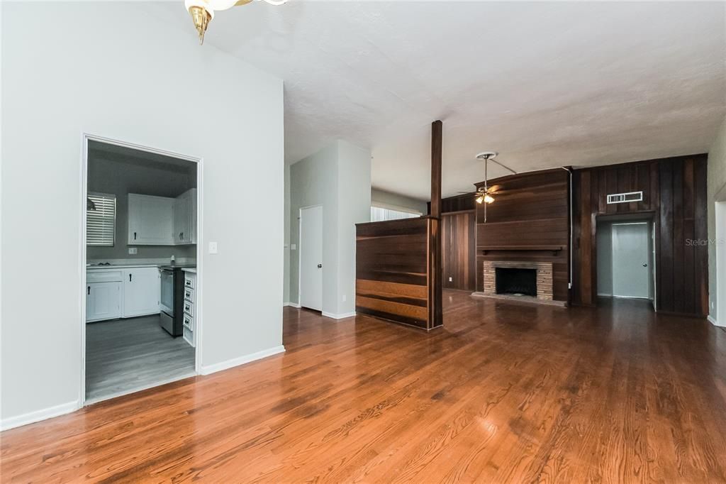 Empty room, Fireplace, Interior, Wood Texture Flooring, Wooden Walls
