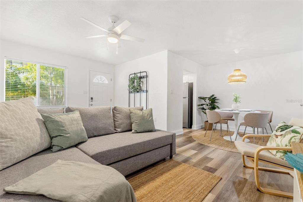 Dining room, Interior, Living room, Pendant Lights, Wood Texture Flooring