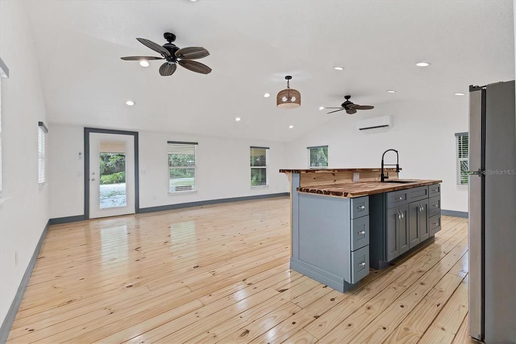 Empty room, Interior, Kitchen, Recessed Lighting, Wood Texture Flooring