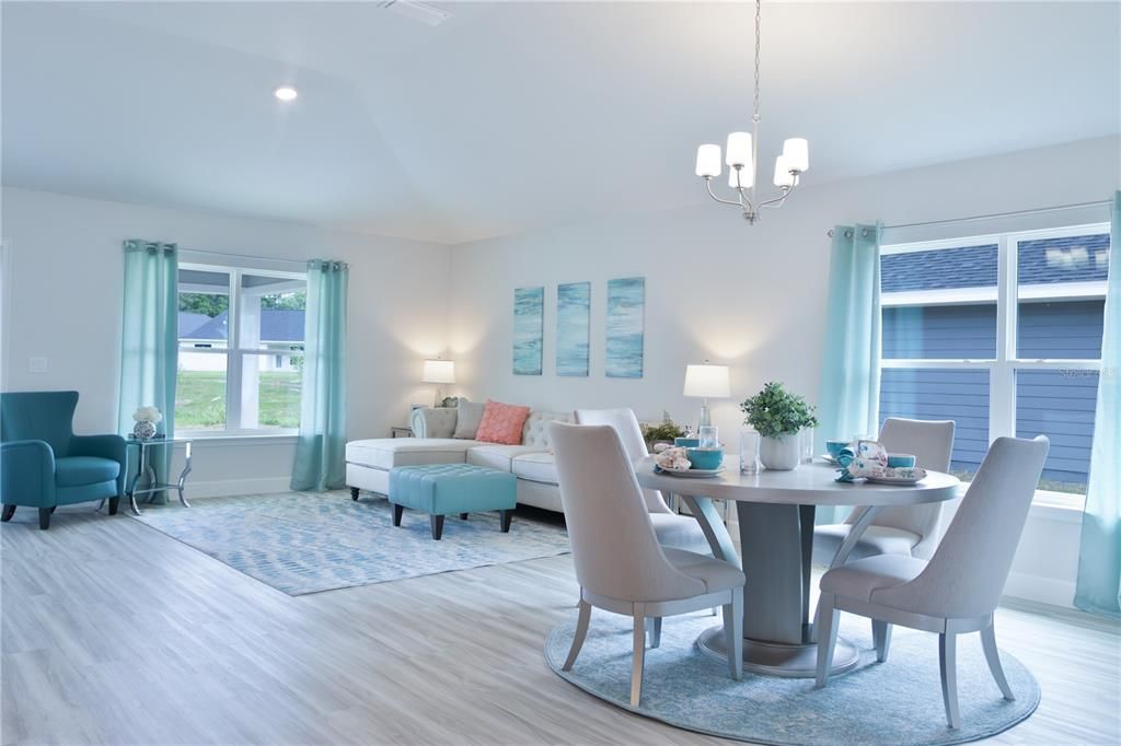 Dining room, Interior, Living room, Pendant Lights, Recessed Lighting, Wood Texture Flooring