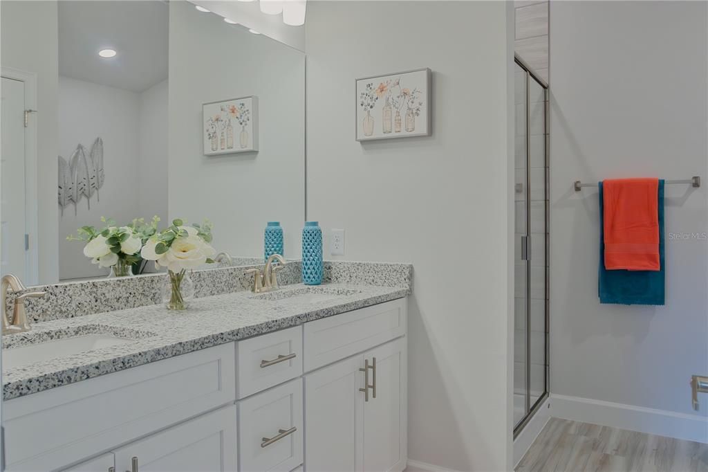 Bathroom, Glass Shower, Interior, Recessed Lighting, Wood Texture Flooring