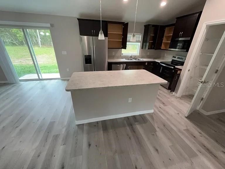 Interior, Kitchen, Pendant Lights, Recessed Lighting, Stainless Steel Appliances, Wood Texture Flooring