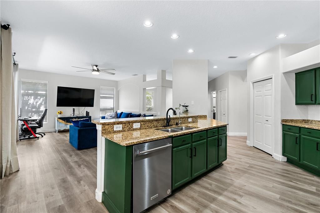 Interior, Kitchen, Living room, Recessed Lighting, Wood Texture Flooring