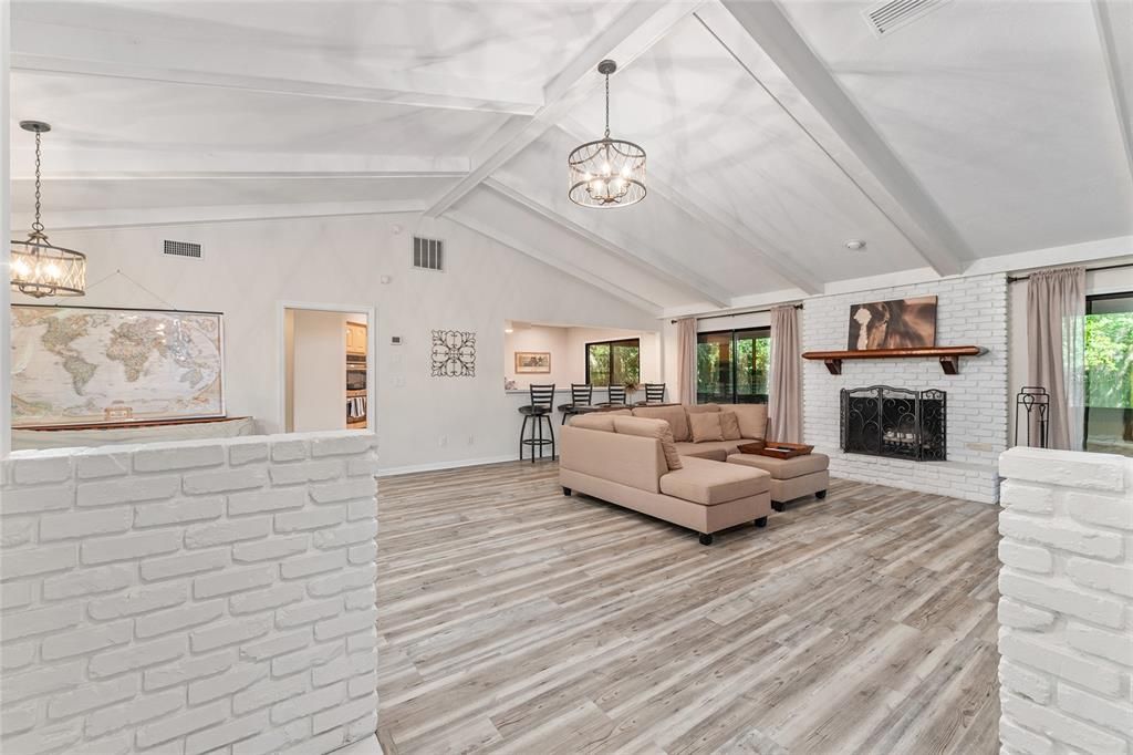 Fireplace, Interior, Living room, Pendant Lights, Wood Texture Flooring