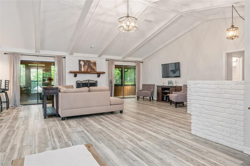 Fireplace, Interior, Living room, Pendant Lights, Stone Walls, Wood Texture Flooring