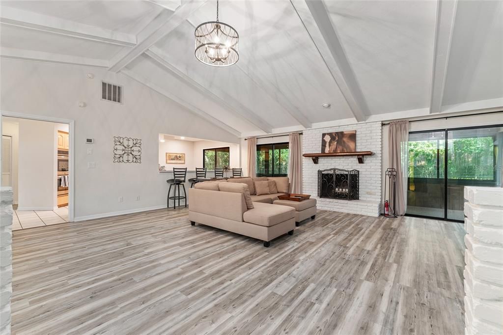 Fireplace, Interior, Living room, Pendant Lights, Stone Walls, Wood Texture Flooring