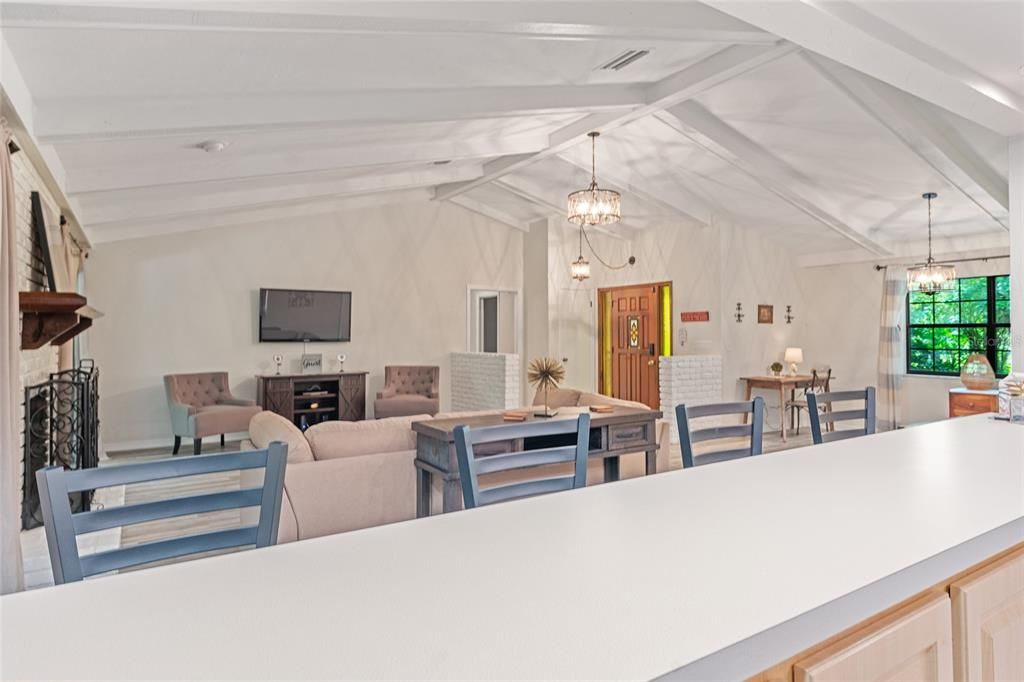 Dining room, Fireplace, Interior, Living room, Pendant Lights