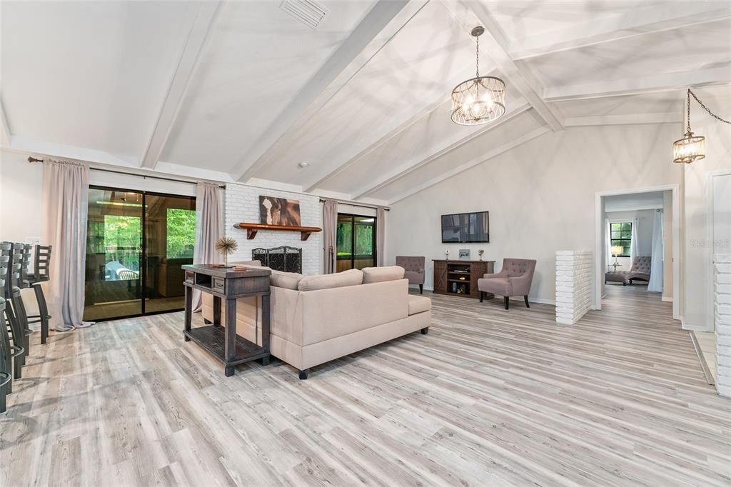 Fireplace, Interior, Living room, Pendant Lights, Stone Walls, Wood Texture Flooring