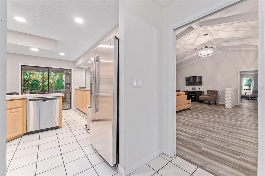 Interior, Kitchen, Living room, Recessed Lighting, Stainless Steel Appliances, Wood Texture Flooring