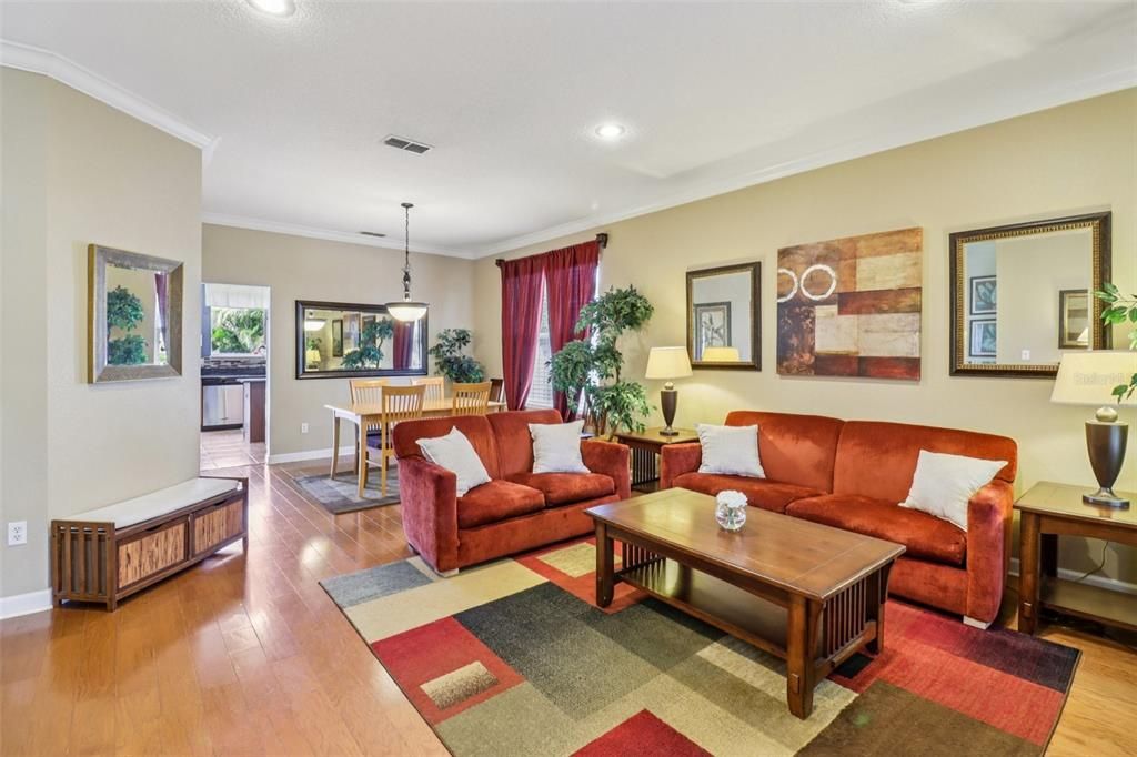 Dining room, Interior, Living room, Pendant Lights, Recessed Lighting, Wood Texture Flooring