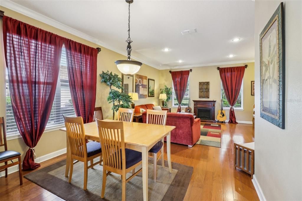 Dining room, Fireplace, Interior, Living room, Pendant Lights, Recessed Lighting, Wood Texture Flooring