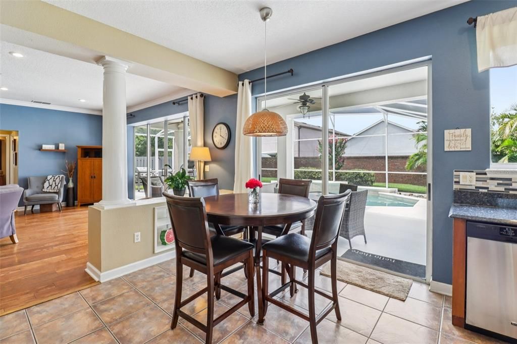 Dining room, Interior, Pendant Lights, Recessed Lighting, Wood Texture Flooring