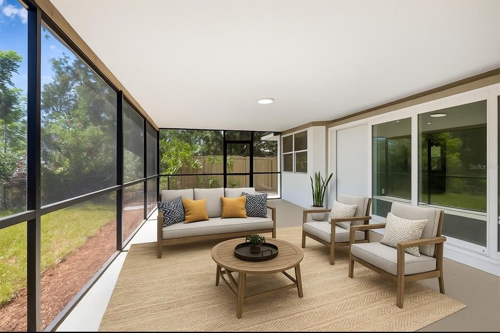 Interior, Living room, Recessed Lighting, Sun Room, Wood Texture Flooring