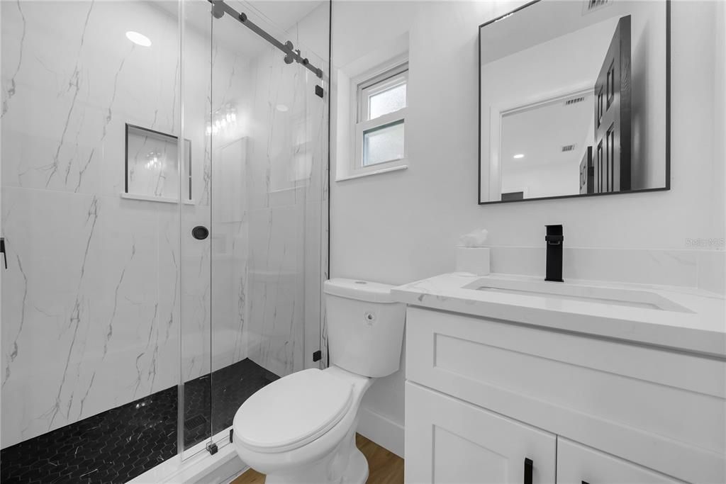 Bathroom, Glass Shower, Interior, Marble Walls, Recessed Lighting