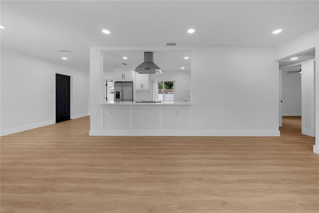 Empty room, Interior, Kitchen, Recessed Lighting, Wood Texture Flooring