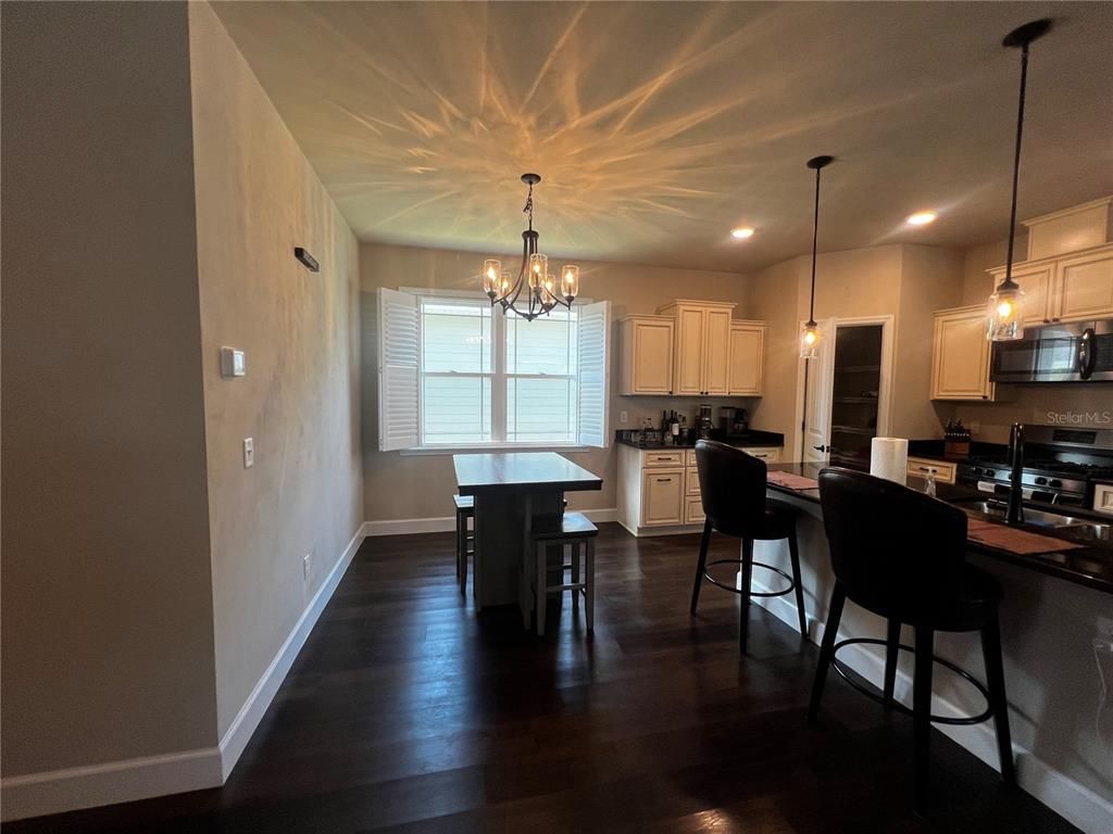 Chandelier, Interior, Kitchen, Pendant Lights, Recessed Lighting, Wood Texture Flooring