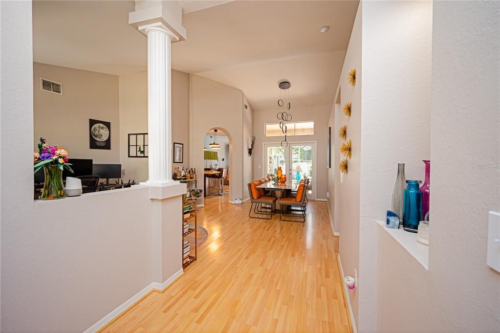 Dining room, Interior, Pendant Lights, Wood Texture Flooring