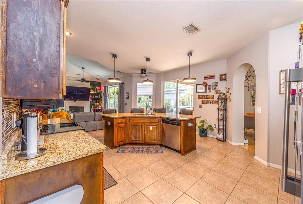 Fireplace, Interior, Kitchen, Pendant Lights