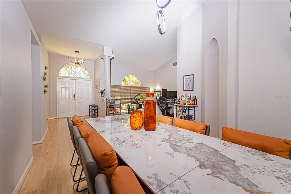 Dining room, Interior, Pendant Lights, Wood Texture Flooring