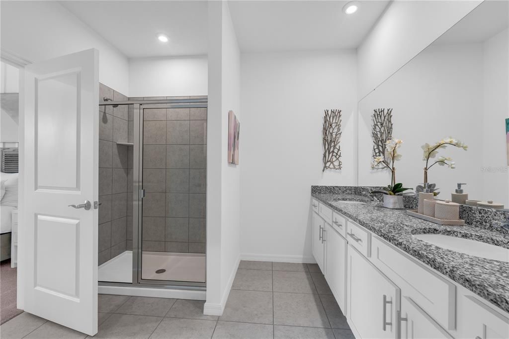 Bathroom, Dual Sink Vanities, Glass Shower, Interior, Recessed Lighting