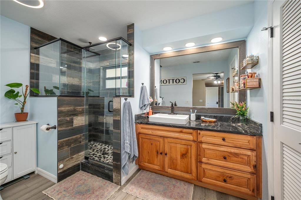 Bathroom, Glass Shower, Interior, Recessed Lighting, Wood Texture Flooring