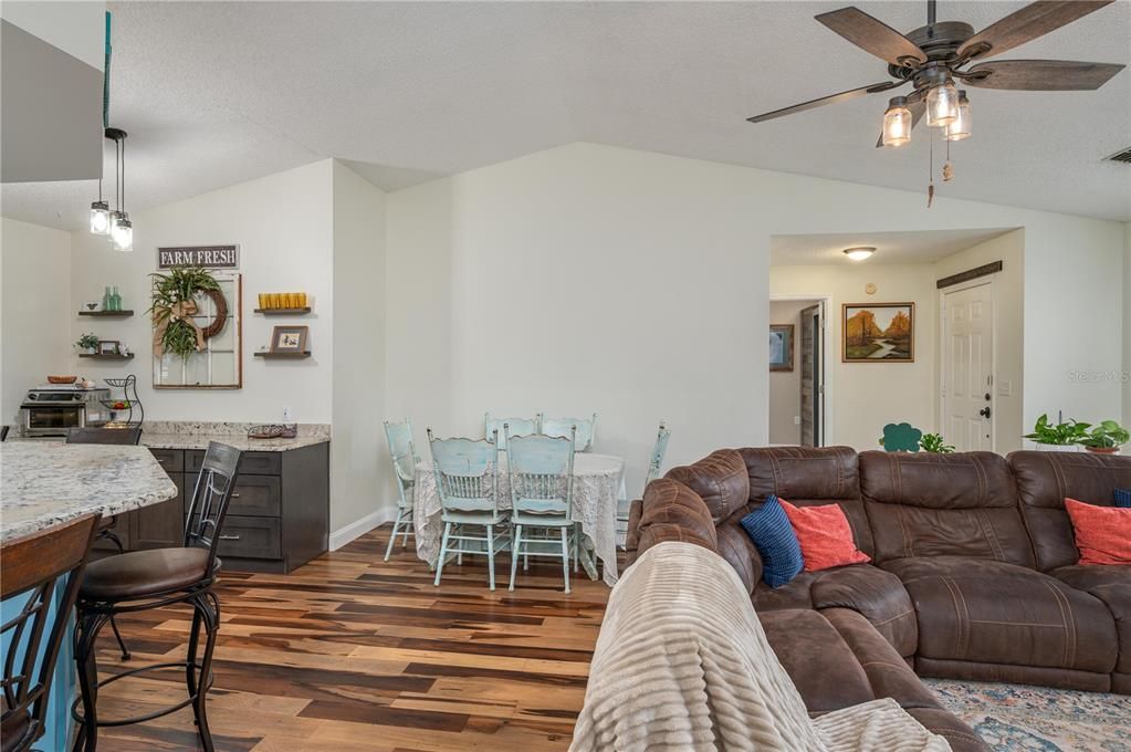 Dining room, Interior, Living room, Pendant Lights, Wood Texture Flooring