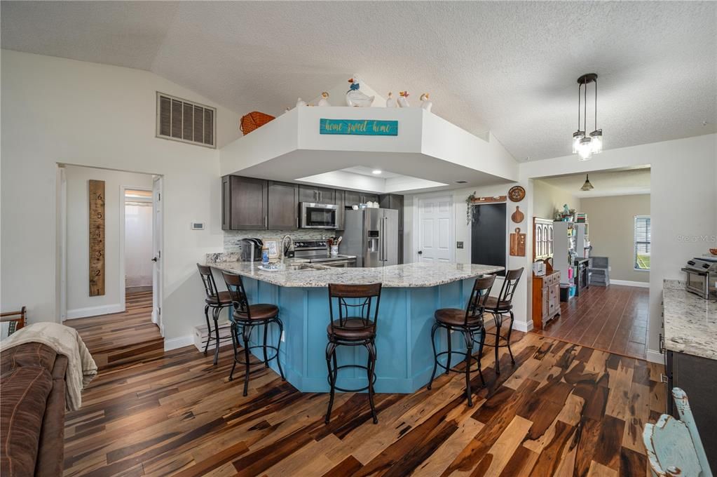 Interior, Kitchen, Pendant Lights, Stainless Steel Appliances, Wood Texture Flooring