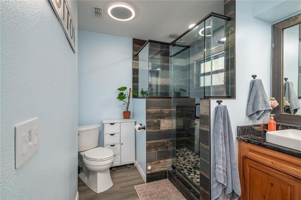 Bathroom, Glass Shower, Interior, Recessed Lighting, Wood Texture Flooring