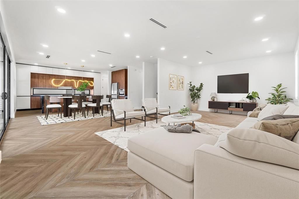 Dining room, Interior, Kitchen, Living room, Pendant Lights, Recessed Lighting, Stainless Steel Appliances, Wood Texture Flooring