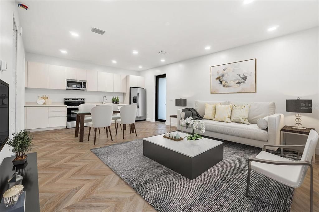 Dining room, Interior, Kitchen, Living room, Recessed Lighting, Stainless Steel Appliances, Wood Texture Flooring