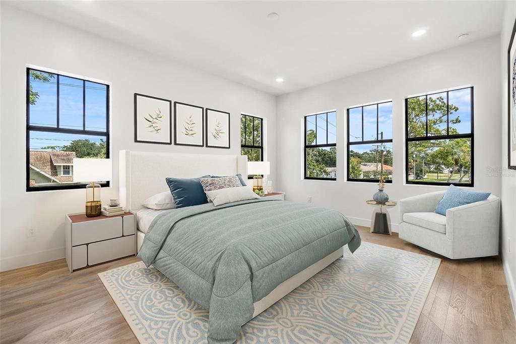 Bedroom, Interior, Recessed Lighting, Wood Texture Flooring