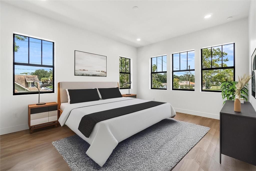 Bedroom, Interior, Recessed Lighting, Wood Texture Flooring