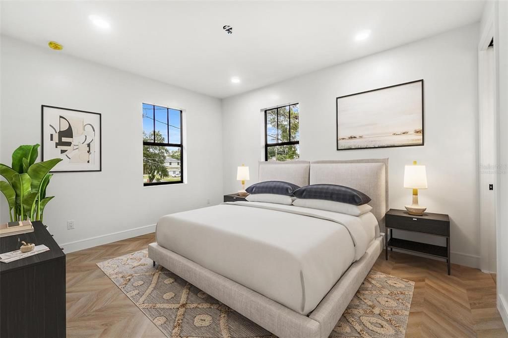 Bedroom, Interior, Recessed Lighting, Wood Texture Flooring