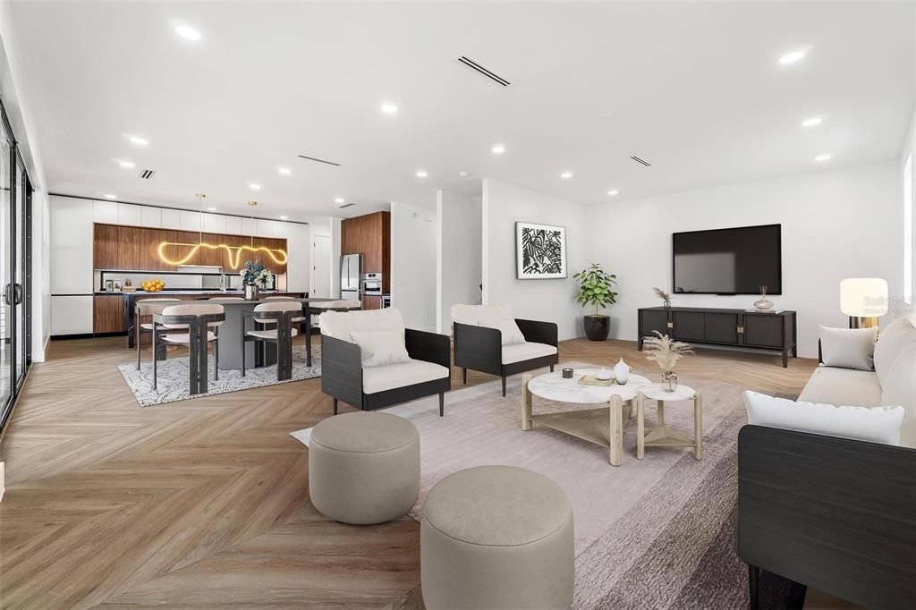 Dining room, Interior, Kitchen, Living room, Pendant Lights, Recessed Lighting, Wood Texture Flooring