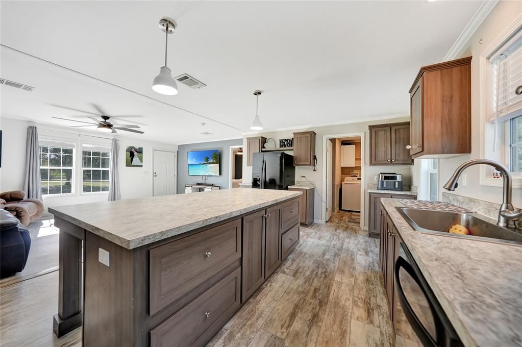 Interior, Kitchen, Pendant Lights, Wood Texture Flooring
