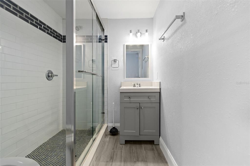 Bathroom, Glass Shower, Interior, Wood Texture Flooring
