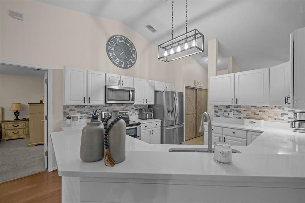 Interior, Kitchen, Pendant Lights, Stainless Steel Appliances, Wood Texture Flooring