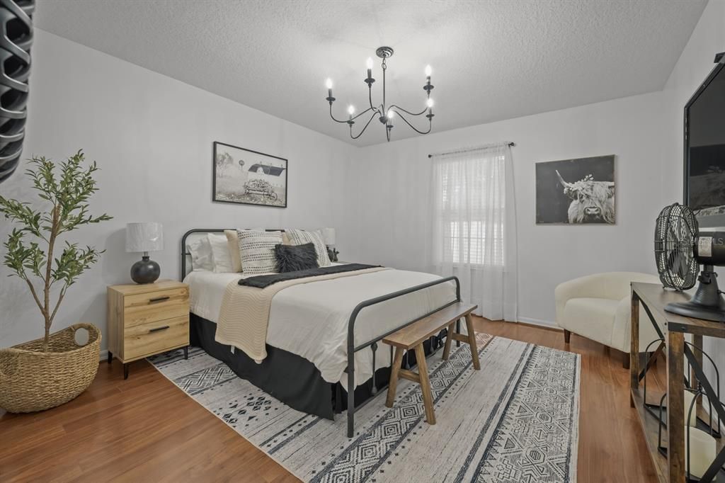 Bedroom, Chandelier, Interior, Wood Texture Flooring