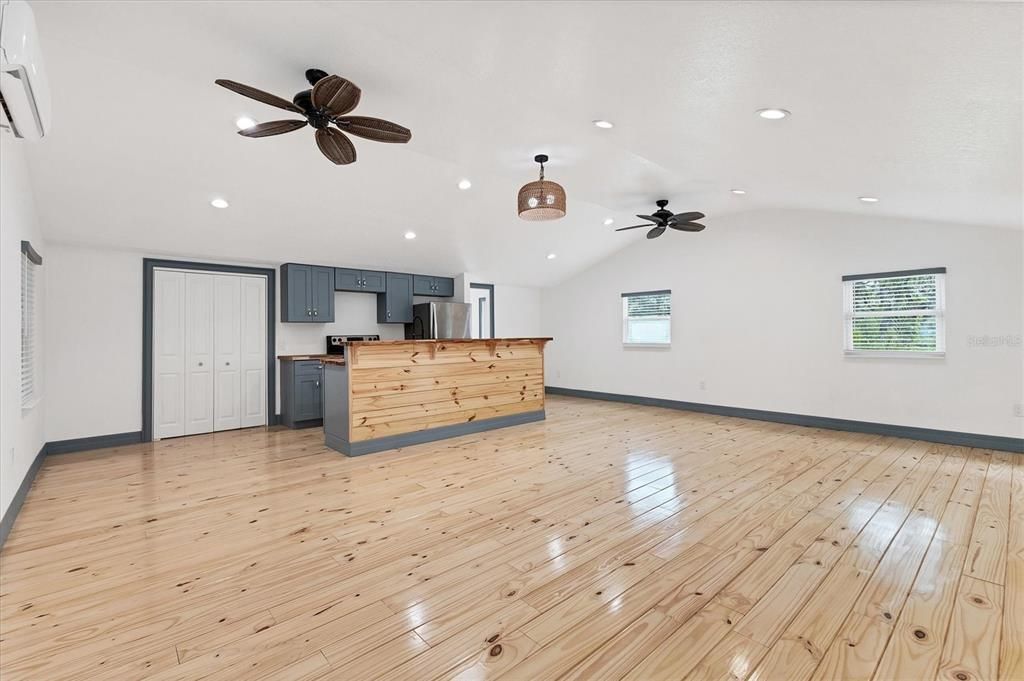 Empty room, Interior, Kitchen, Recessed Lighting, Wood Texture Flooring