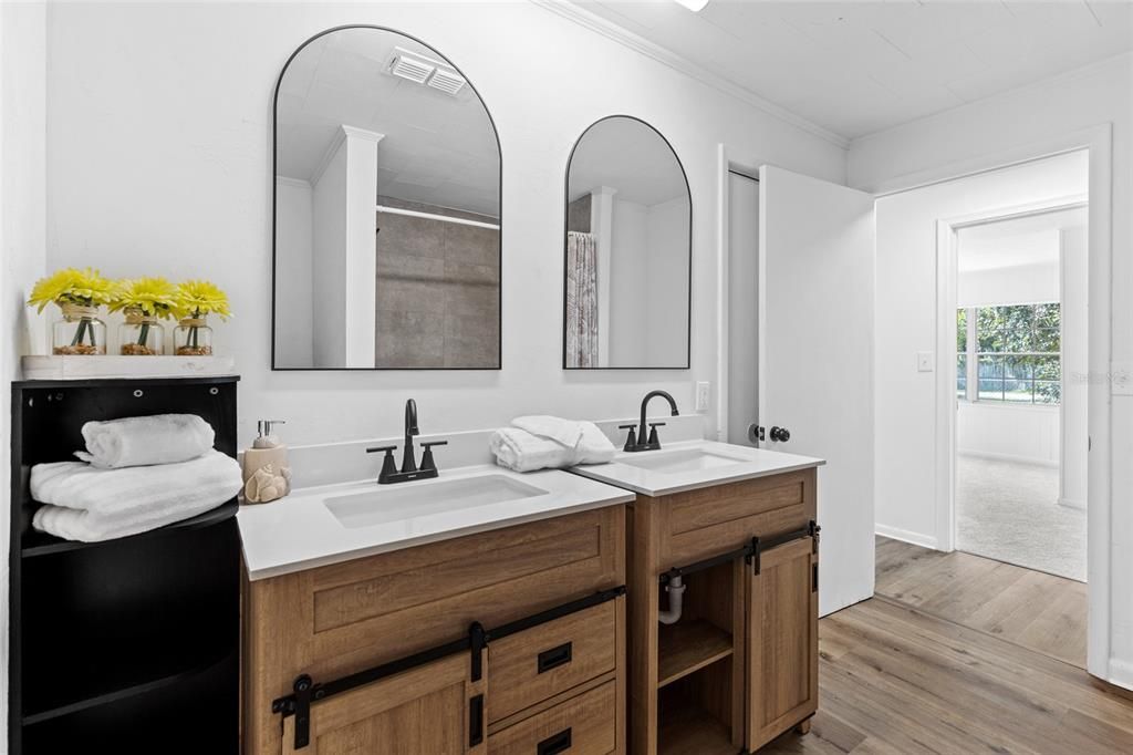 Bathroom, Dual Sink Vanities, Interior, Wood Texture Flooring