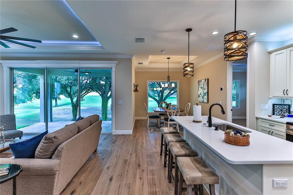 Dining room, Interior, Kitchen, Pendant Lights, Recessed Lighting, Wood Texture Flooring