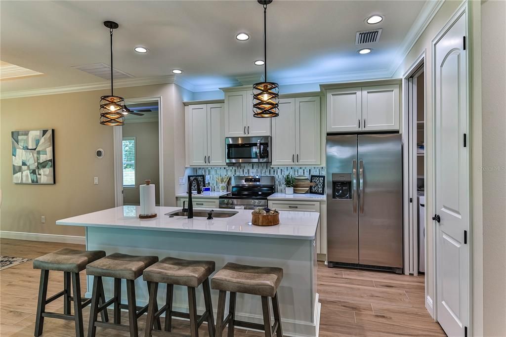 Interior, Kitchen, Pendant Lights, Recessed Lighting, Stainless Steel Appliances, Wood Texture Flooring