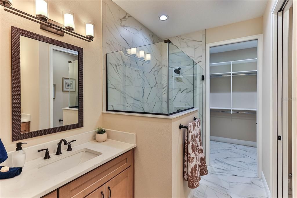 Bathroom, Glass Shower, Interior, Marble, Marble Walls, Recessed Lighting