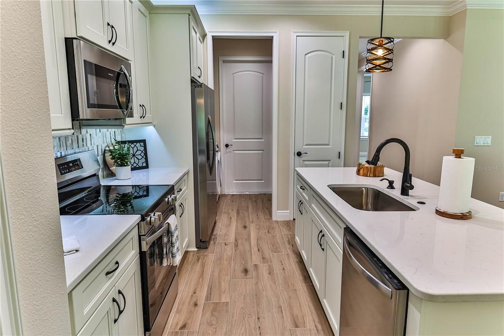 Interior, Kitchen, Pendant Lights, Stainless Steel Appliances, Wood Texture Flooring