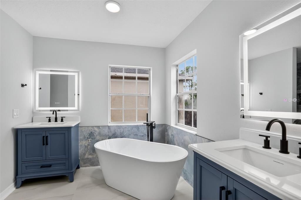 Bathroom, Dual Sink Vanities, Free Standing Baths, Interior, Marble