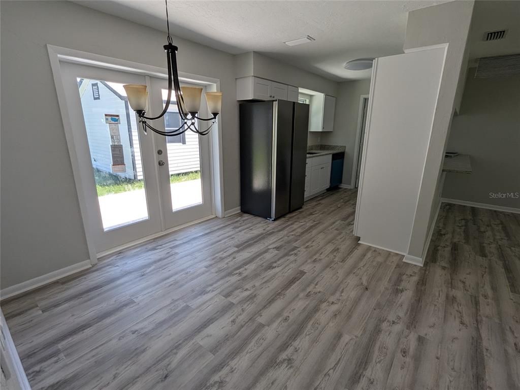 Empty room, Interior, Kitchen, Pendant Lights, Wood Texture Flooring