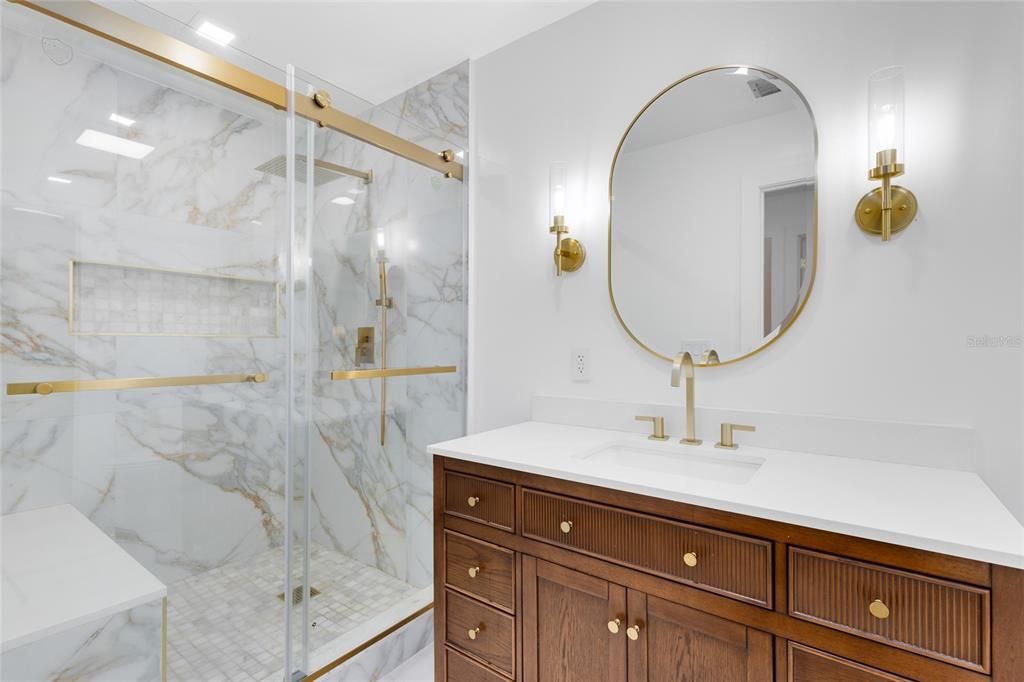 Bathroom, Glass Shower, Interior, Marble Walls, Recessed Lighting
