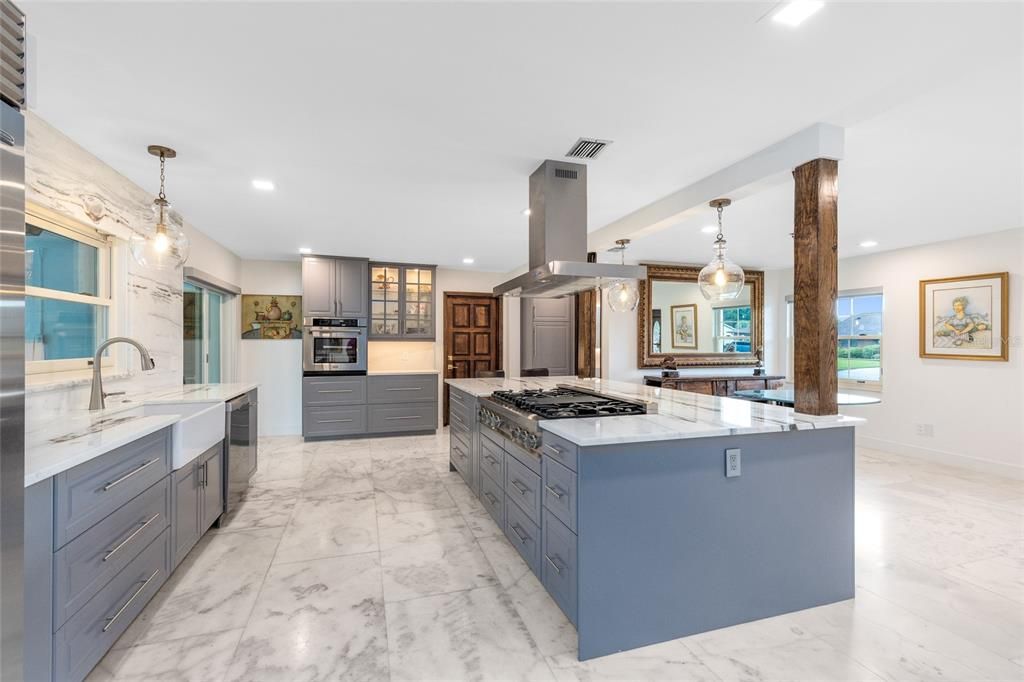 Interior, Kitchen, Marble, Pendant Lights, Recessed Lighting, Stainless Steel Appliances