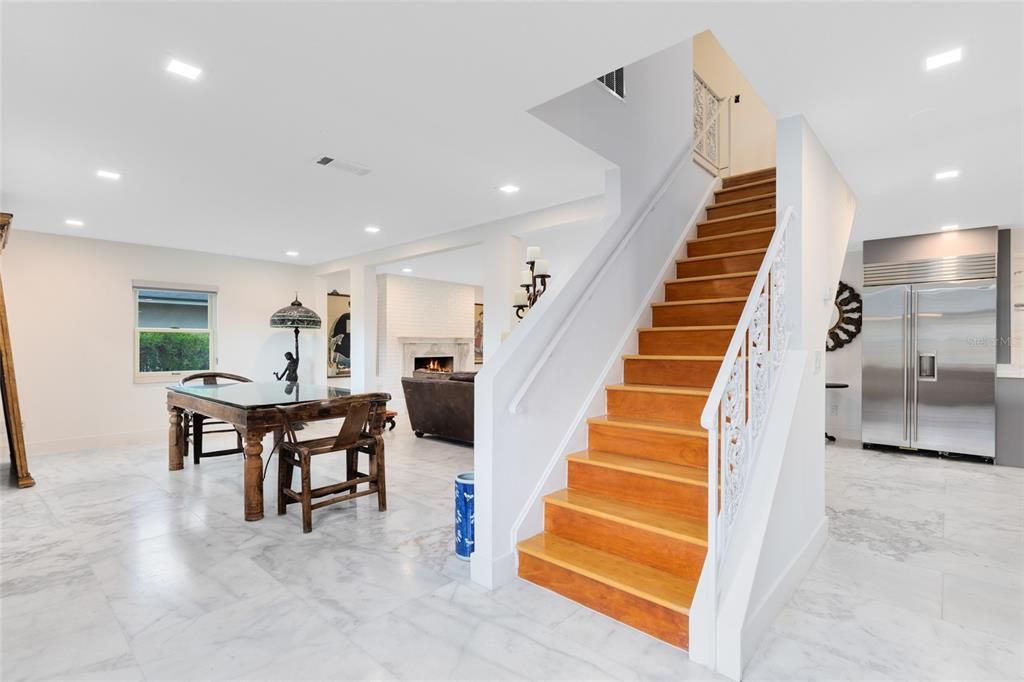 Dining room, Fireplace, Interior, Marble, Recessed Lighting