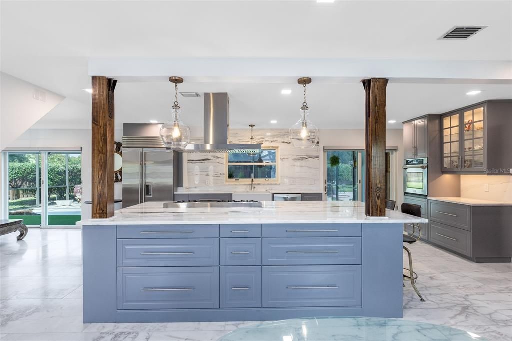 Interior, Kitchen, Marble, Pendant Lights, Recessed Lighting, Stainless Steel Appliances